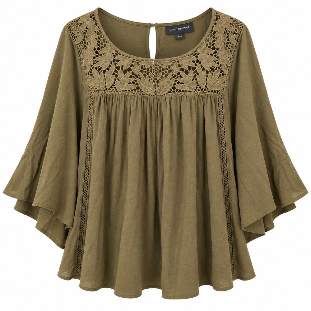 Lane Bryant Crochet Lace Flowy Peasant Blouse Olive Green Womens 14/16 Bohemian